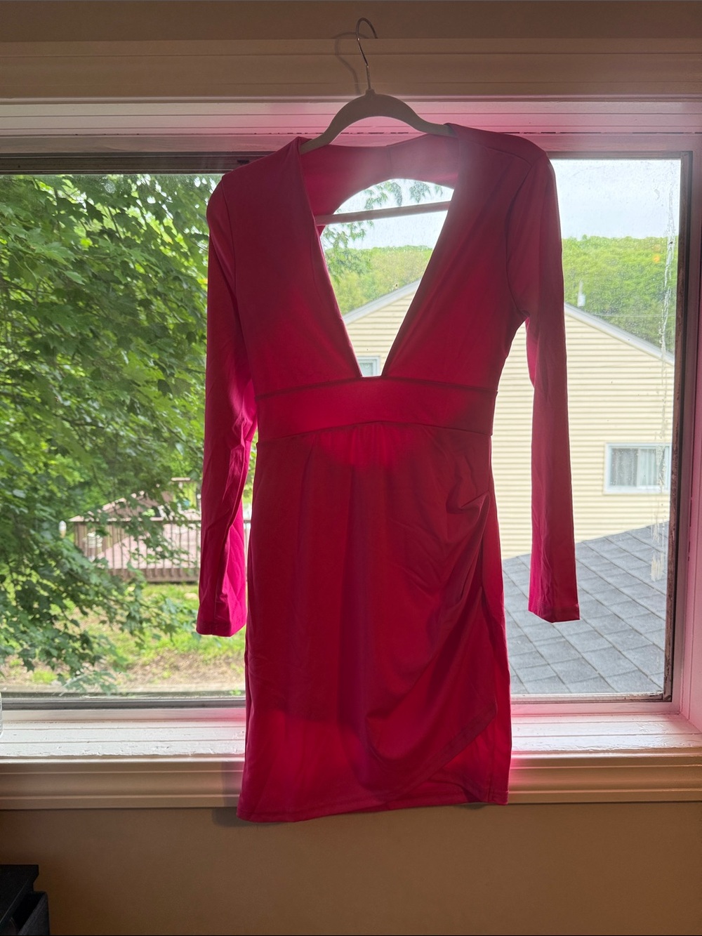 Hot Pink Deep V Long Sleeve Women’s Dress